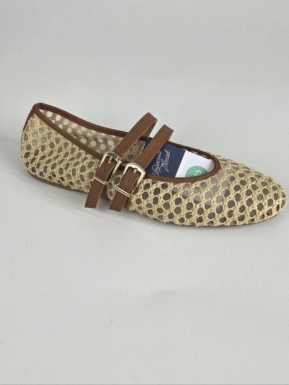 Universal Thread Cream Woven Mary Jane Flats with Brown Straps!